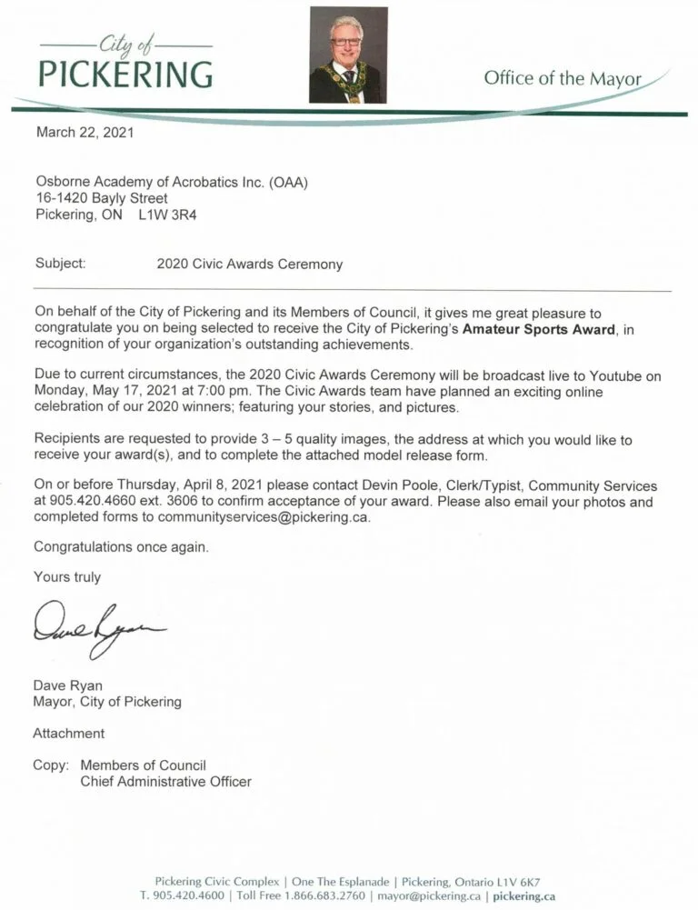 City Of Pickering - Amateur Sports Award 2020